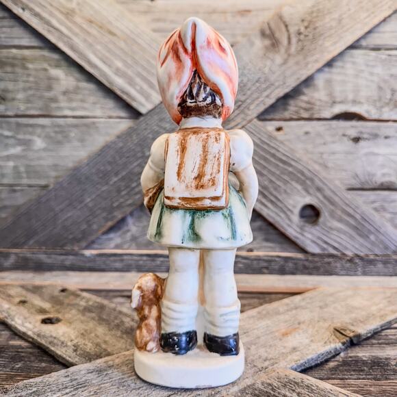 Vintage German Girl Ceramic Figurine w/ Book, Backpack and Little Puppy, 8” Tall - Picture 5 of 9